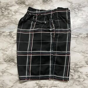 Ron Jon  Men's Board Shorts Swim Trunks L Black Plaid Drawstring Elastic Waist